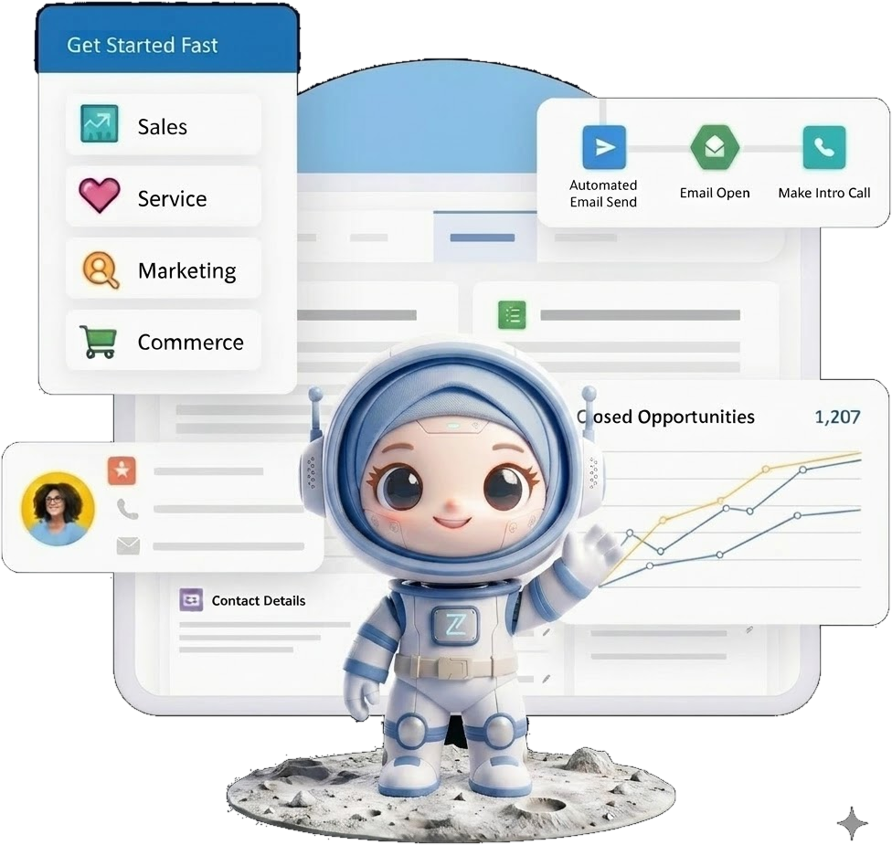 Luna — karakter AI Salestial untuk beauty brand, astronaut mungil berdiri di permukaan bulan